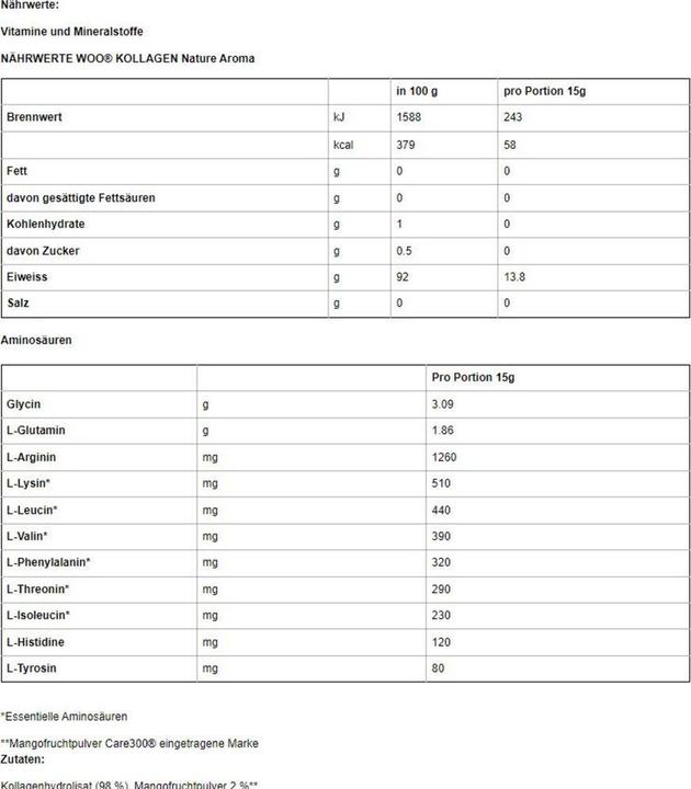 Nährwerte und Zutaten Woo Kollagen Nature Aroma (1 Stück, Pulver, 450 g)