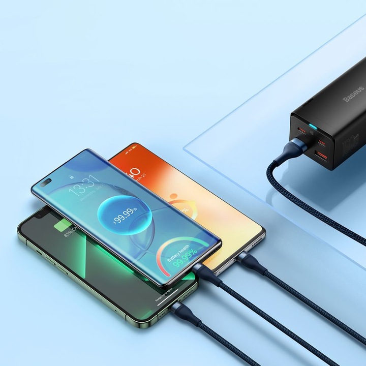 Produktbild Baseus 3in1 USB cable Flash Series, USB-C + micro USB + Lightning, 100W, 1.2m (blue) (1.20 m, USB 2.0)