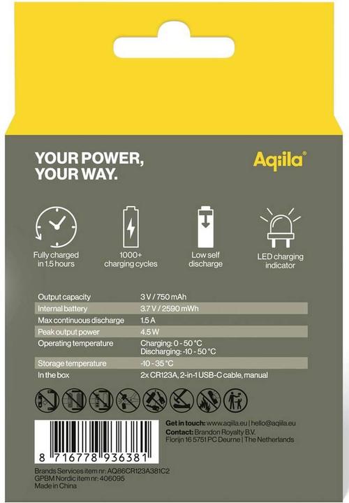 Actual product image Aqiila - USB-C Rechargeable Battery - Size CR123A - 750 mAh - 2-pack (2 pcs., RCR123A, 750 mAh)