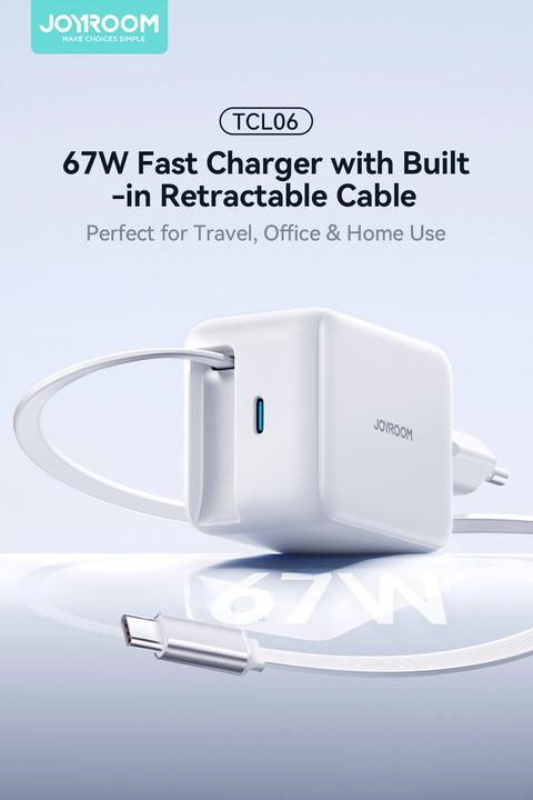 Productafbeelding Joyroom GaN USB-C Charger with Retractable Cable 67W - White (67 W)