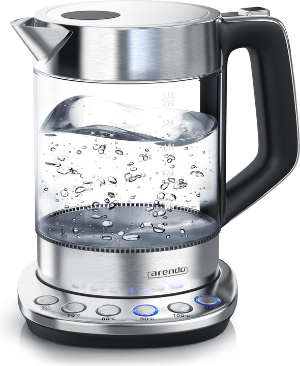 Arendo Bouilloire 1,5 l, 2200 W, acier inoxydable & verre avec base, réglage de la température 70° C - (1.50 l)