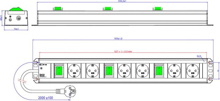Actual product image Bachmann Craftsman strip 6x earthing contact 3x switch 2m (6x, CEE 7/3, 2 m)