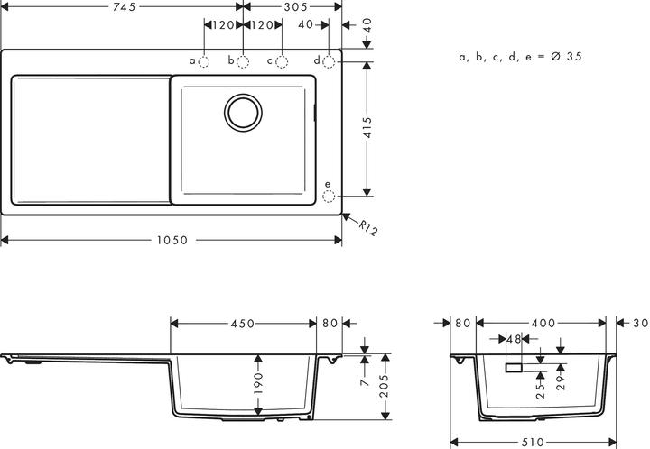 Actual product image hansgrohe HG Fitted sink 450 m dev. left S514-F450 Graphite black (Fitted sink, 51 cm, 105 cm)
