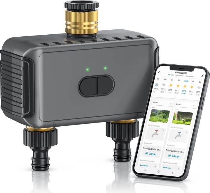 Brandson Smarter Bewässerungstimer WLAN/App, 2-Zonen, Tuya, Alexa/Google, Regenverzögerung, Adapter-Set, IPX5