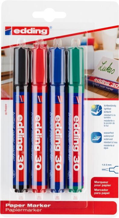 Image du produit Edding Marqueur à pigments 30 brilliant paper marker 1,5-3mm noir, rouge, bleu, vert UE=4 pièces (Vert, Rouge, Bleu, Noir, 3 mm, 1 x)