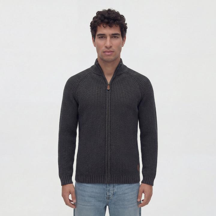 Solid Xenos Men's Cardigan Chunky Knit Jacket With Funnel Neck Made Of 100% Cotton